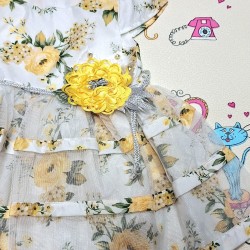 Детска официална рокля в бяло на жълти цветя