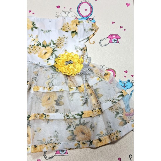 Детска официална рокля в бяло на жълти цветя