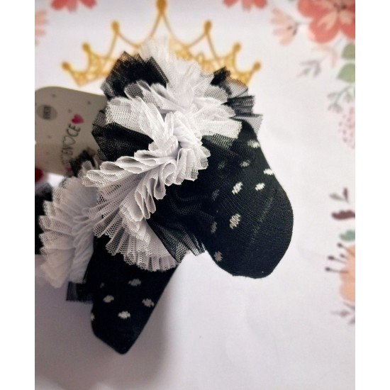 Бебешки чорапи ,,ТУТУ" в черно на бели точки с черно бял тюл 0-9м