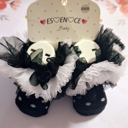 Бебешки чорапи ,,ТУТУ" в черно на бели точки с черно бял тюл 0-9м Бебешки чорапи ,,ТУТУ" в черно на бели точки с черно бял тюл 0-9м