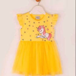 Детска лятна рокля в жълто с тюл  Еднорог