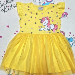 Детска лятна рокля в жълто с тюл  Еднорог