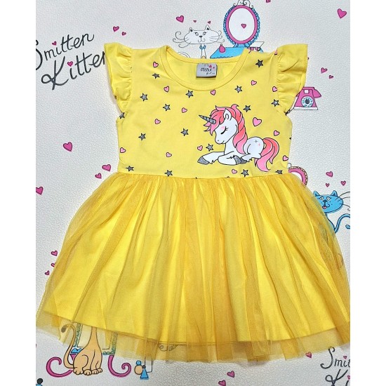 Детска лятна рокля в жълто с тюл Еднорог Детска лятна рокля в жълто с тюл Еднорог