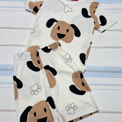 Детски летен комплект в бяло с кучета от тънка материя