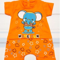 Бебешки летен гащеризон/ромпър в оранжево със синьо слонче Бебешки летен гащеризон/ромпър в оранжево със синьо слонче