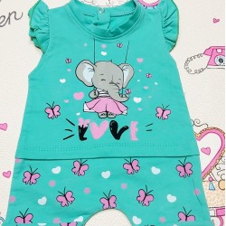 Бебешки летен гащеризон в зелено и розово със Слонче
