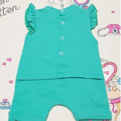 Бебешки летен гащеризон в зелено и розово със Слонче