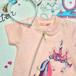 Летен бебешки гащеризон/ромпър в розово с Еднорог и диадема