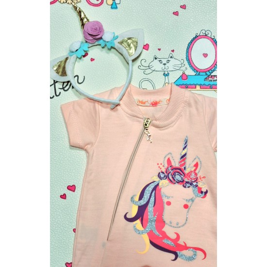 Летен бебешки гащеризон/ромпър в розово с Еднорог и диадема Летен бебешки гащеризон/ромпър в розово с Еднорог и диадема