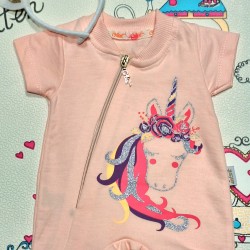 Летен бебешки гащеризон/ромпър в розово с Еднорог и диадема Летен бебешки гащеризон/ромпър в розово с Еднорог и диадема