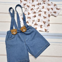 Детски летен комплект с риза с мечета и къс дънков гащеризон