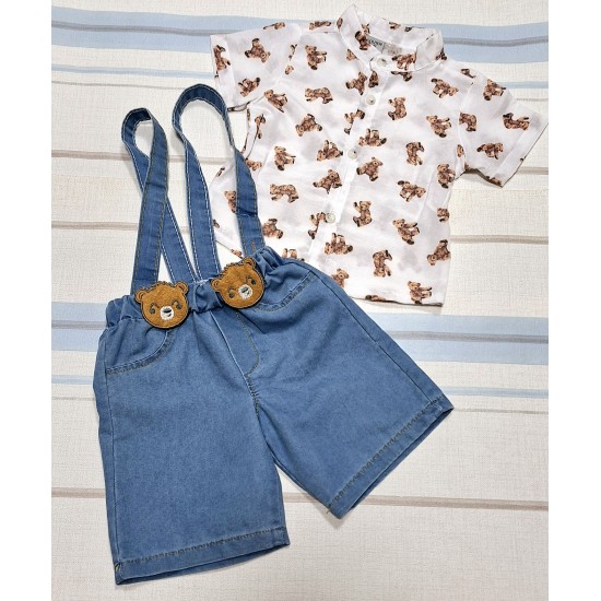 Детски летен комплект с риза с мечета и къс дънков гащеризон момче Детски летен комплект с риза с мечета и къс дънков гащеризон момче