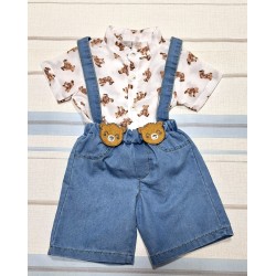 Детски летен комплект с риза с мечета и къс дънков гащеризон Детски летен комплект с риза с мечета и къс дънков гащеризон