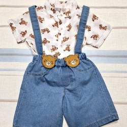 Детски летен комплект с риза с мечета и къс дънков гащеризон Детски летен комплект с риза с мечета и къс дънков гащеризон