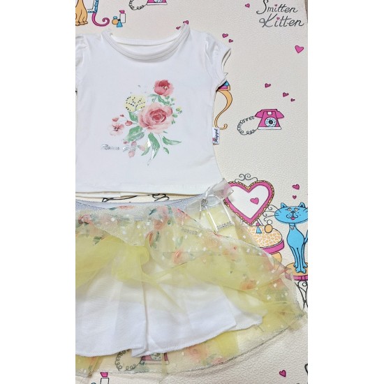 Детски летен комплект с тюлена жълта пола и бяла блуза с цветя