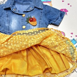 Детска лятна рокля с дънково и жълта дантела  Синита