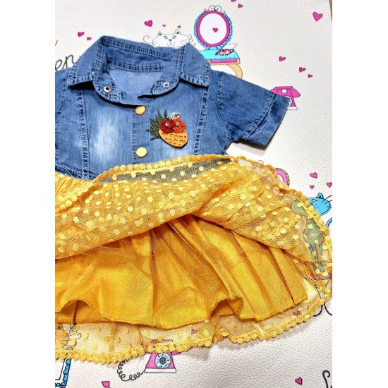 Детска лятна рокля с дънково и жълта дантела  Синита