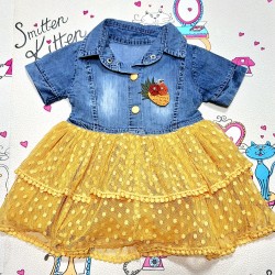 Детска лятна рокля с дънково и жълта дантела Синита Детска лятна рокля с дънково и жълта дантела Синита