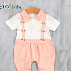 Бебешки летен гащеризон в праскова и бяло Розички Бебешки летен гащеризон в праскова и бяло Розички