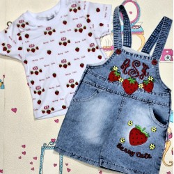 Детски дънков гащеризон с тениска с къс ръкав  Ягодки