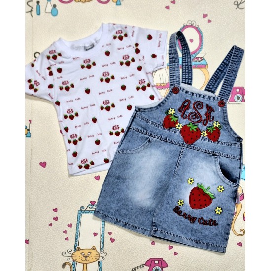 Детски дънков гащеризон с тениска с къс ръкав  Ягодки