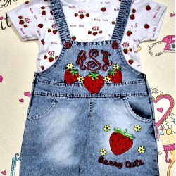 Детски дънков гащеризон с тениска с къс ръкав Ягодки Детски дънков гащеризон с тениска с къс ръкав Ягодки