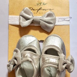 Бебешки комплект от обувки и лента за коса в сребристо 0м-9м