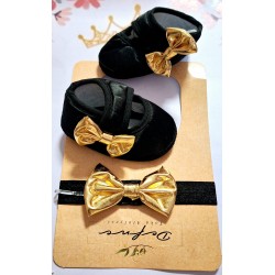 Бебешки комплект от обувки и лента за коса в черно и златно 0м-9м