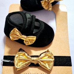 Бебешки комплект от обувки и лента за коса в черно и златно 0м-9м