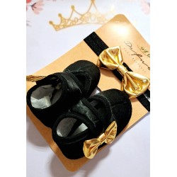 Бебешки комплект от обувки и лента за коса в черно и златно 0м-9м Бебешки комплект от обувки и лента за коса в черно и златно 0м-9м