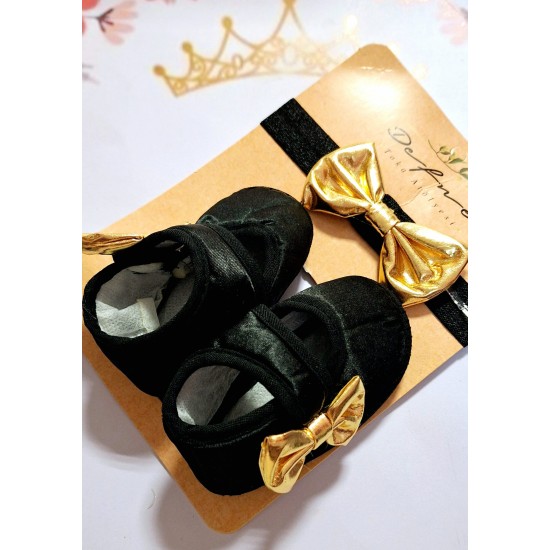 Бебешки комплект от обувки и лента за коса в черно и златно 0м-9м