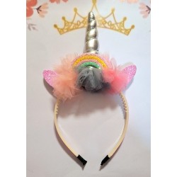 Детска диадема с Еднорог със сребрист рог,тюл и розови уши