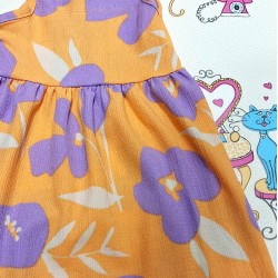 Ефирна детска лятна рокля в оранжево с лилави цветя