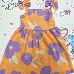 Ефирна детска лятна рокля в оранжево с лилави цветя Ефирна детска лятна рокля в оранжево с лилави цветя