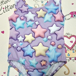 Детски цял бански в лилаво с цветни звезди Детски цял бански в лилаво с цветни звезди