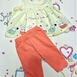 Бебешки летен комплект в жълто и оранжево  Зайчета