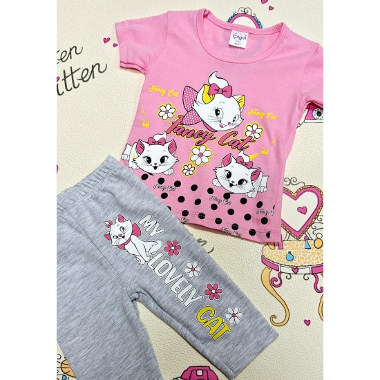 Детски летен комплект с розова блуза и къс сив клин ,,Котето Мери