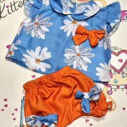 Бебешки летен комплект в синьо и оранжево с маргаритки