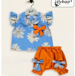 Бебешки летен комплект в синьо и оранжево с маргаритки Бебешки летен комплект в синьо и оранжево с маргаритки