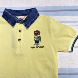 Детска лятна тениска с дънкова яка в жълто с мече