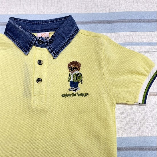 Детска лятна тениска с дънкова яка в жълто с мече