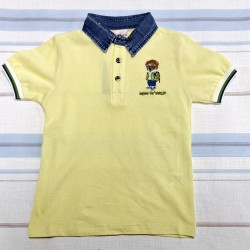 Детска лятна тениска с дънкова яка в жълто с мече Детска лятна тениска с дънкова яка в жълто с мече
