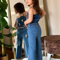 Разкошен дънков комплект с дънки и топ с презрамки  Мини Маус