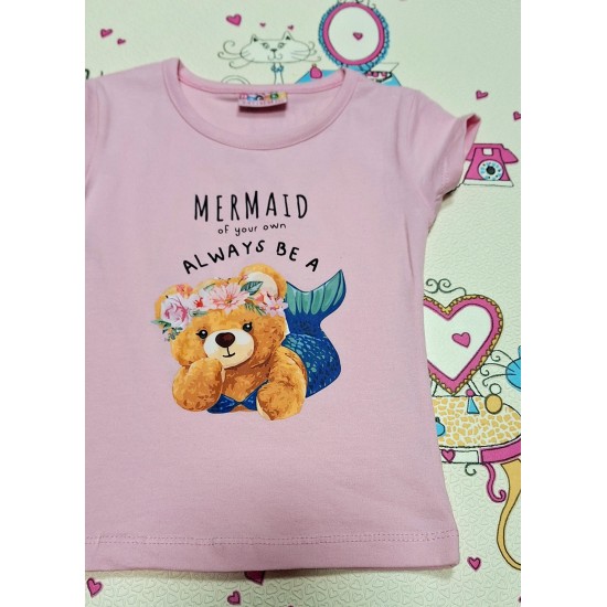 Детска лятна тениска в розово с мече русалка Детска лятна тениска в розово с мече русалка