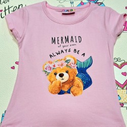 Детска лятна тениска в розово с мече русалка