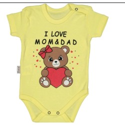 Бебешко боди с къс ръкав в жълто с мече с червено сърце