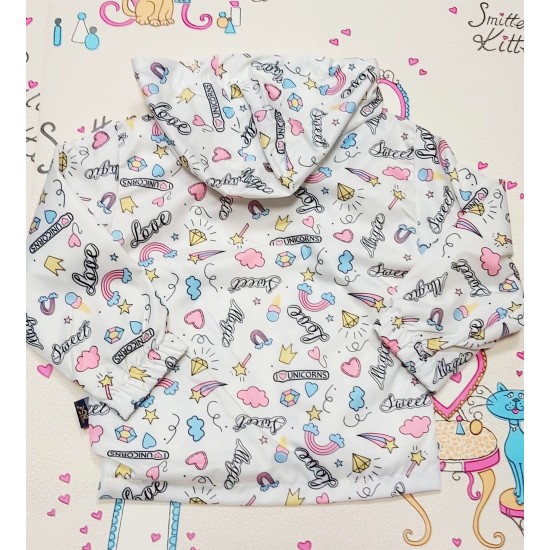 Детско яке ветровка в бяло с весел принт с качулка Детско яке ветровка в бяло с весел принт с качулка