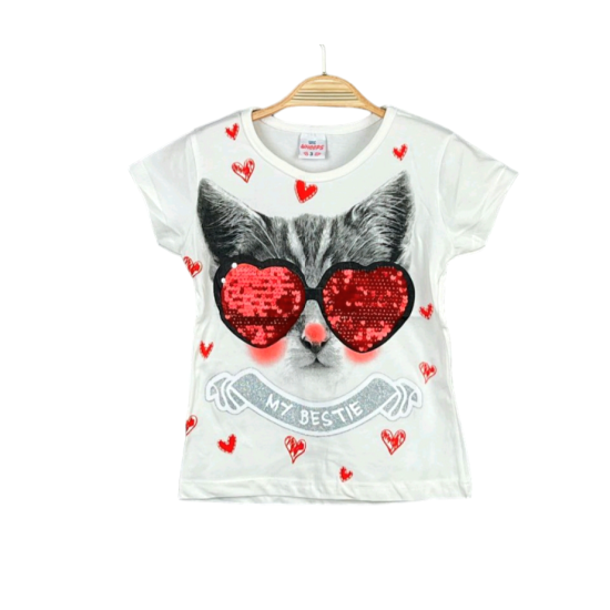 Детска лятна тениска в бяло и червени пайети  Рокаджийска котка