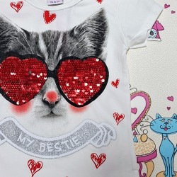 Детска лятна тениска в бяло и червени пайети  Рокаджийска котка