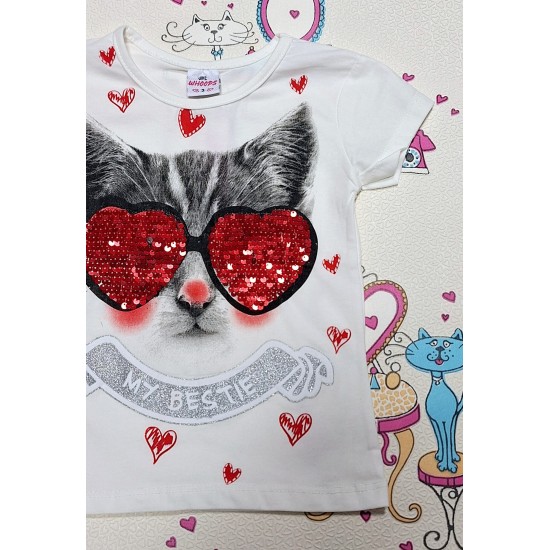 Детска лятна тениска в бяло и червени пайети  Рокаджийска котка